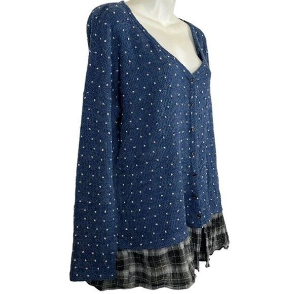 Oddy Womens Blue Swiss Raised Dot Womens Cardigan Sweater Plaid Ruffle V-Neck M - Picture 5 of 16